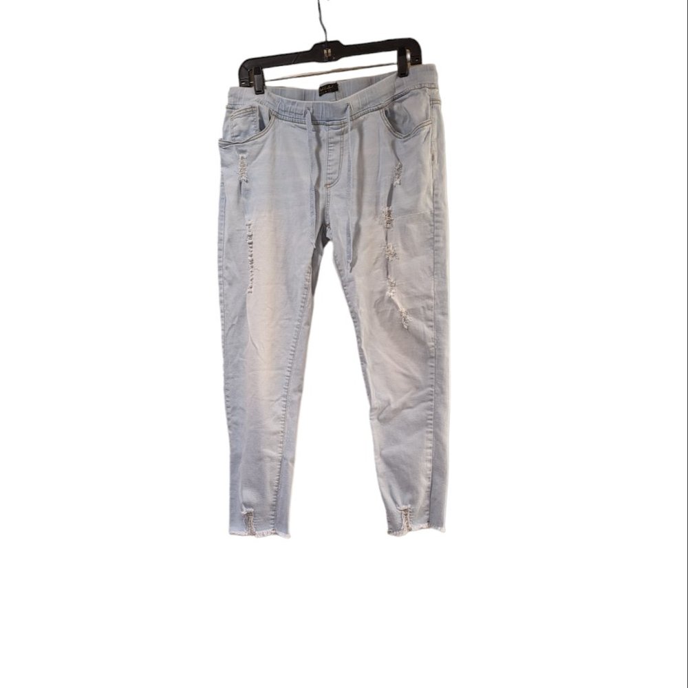 Pink Label Women's Distressed Light Wash Mid Rise Drawstring Denim Stretch Jeans